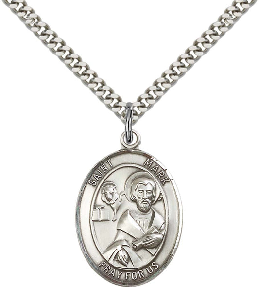 Sterling Silver St. Mark the Evangelist Pendant with 24 Inch Light Rhodium Heavy Curb Chain
