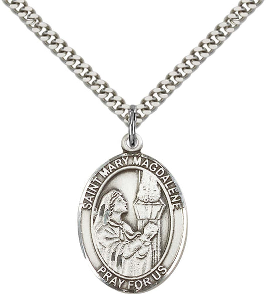 Sterling Silver St. Mary Magdalene Pendant with 24 Inch Light Rhodium Heavy Curb Chain