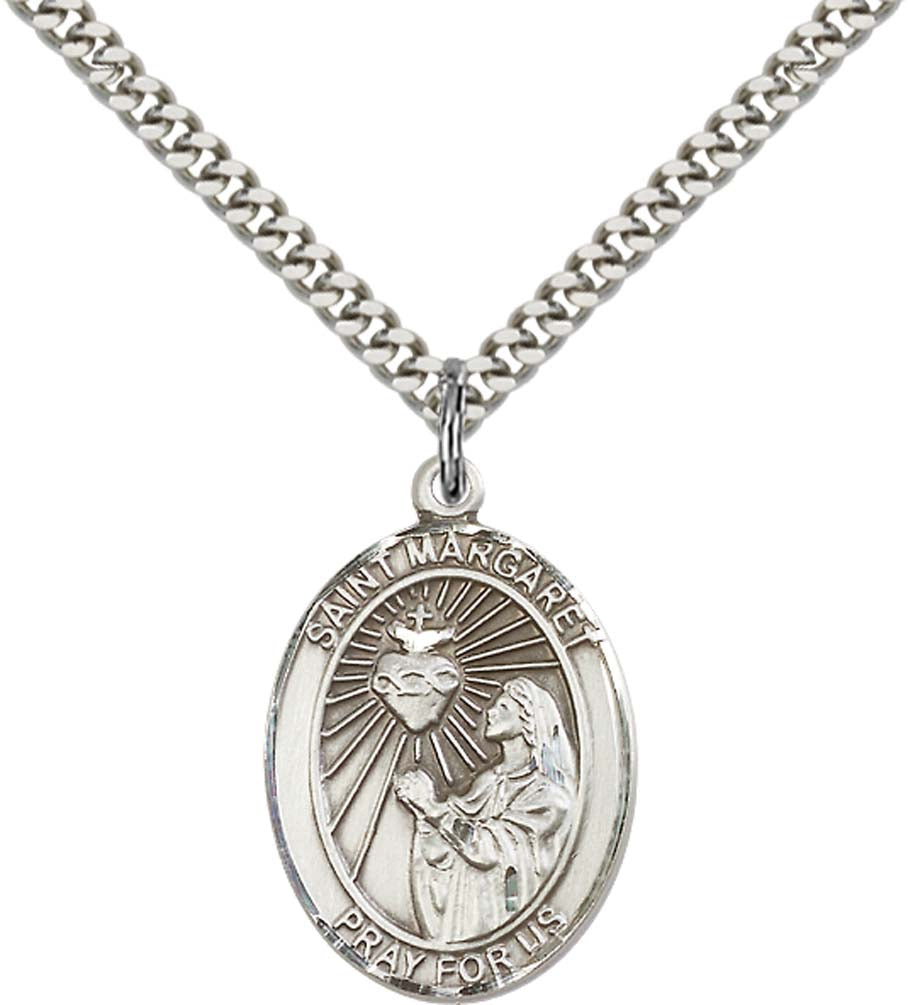Sterling Silver St. Margaret Mary Alacoque Pendant with 24 Inch Light Rhodium Heavy Curb Chain - Large