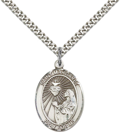 Sterling Silver St. Margaret Mary Alacoque Pendant with 24 Inch Light Rhodium Heavy Curb Chain - Large