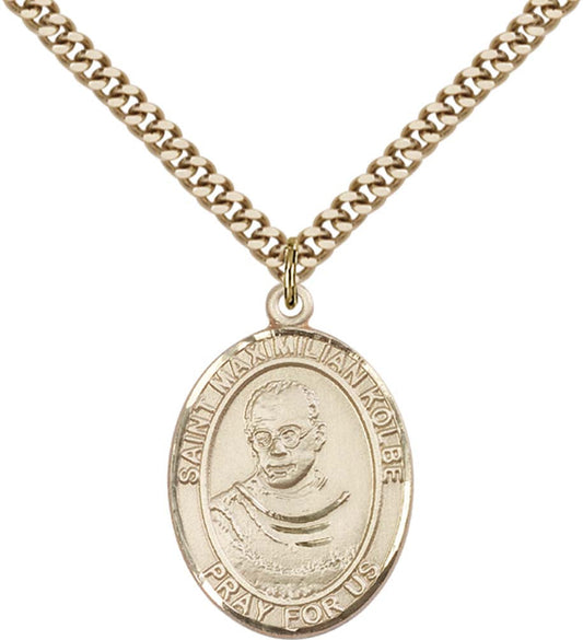14kt Gold Filled St. Maximilian Kolbe Pendant with 24 inch Gold Plate Heavy Curb Chain