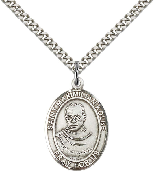 Sterling Silver St. Maximilian Kolbe Pendant with 24 Inch Light Rhodium Heavy Curb Chain