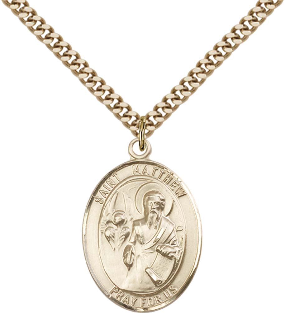 14kt Gold Filled St. Matthew the Apostle Pendant with 24 inch Gold Plate Heavy Curb Chain