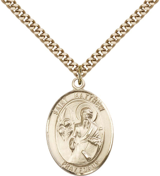 14kt Gold Filled St. Matthew the Apostle Pendant with 24 inch Gold Plate Heavy Curb Chain