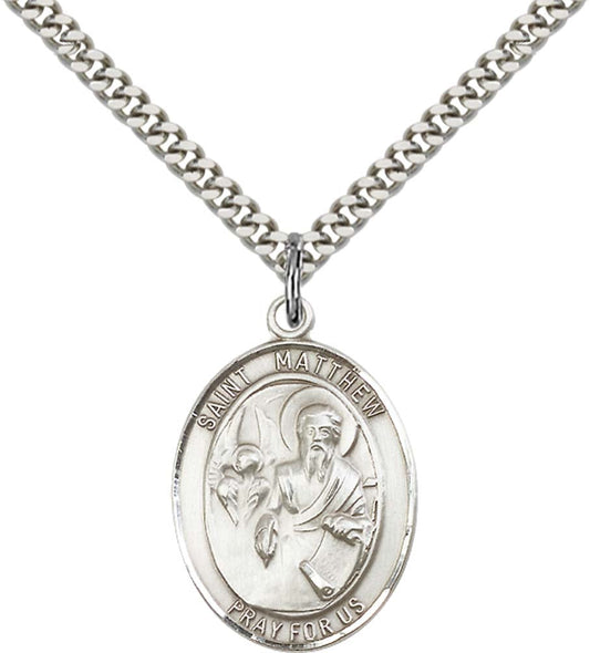 Sterling Silver St. Matthew the Apostle Pendant with 24 Inch Light Rhodium Heavy Curb Chain