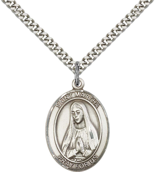 Sterling Silver St. Martha Pendant with 24 Inch Light Rhodium Heavy Curb Chain