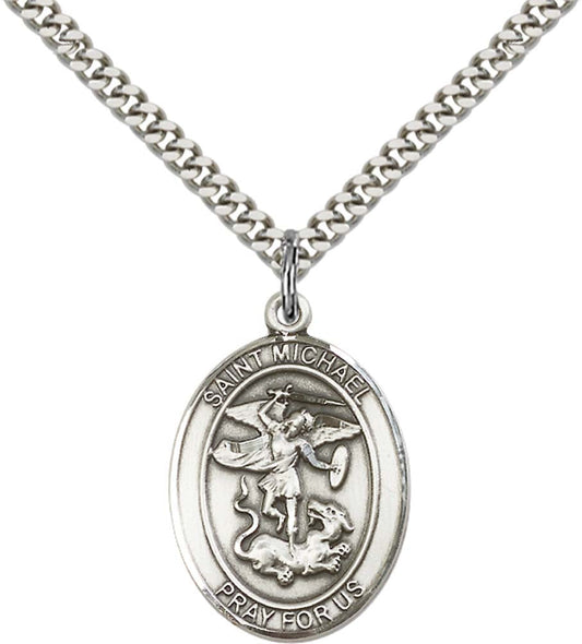 Sterling Silver St. Michael the Archangel Pendant with 24 Inch Light Rhodium Heavy Curb Chain