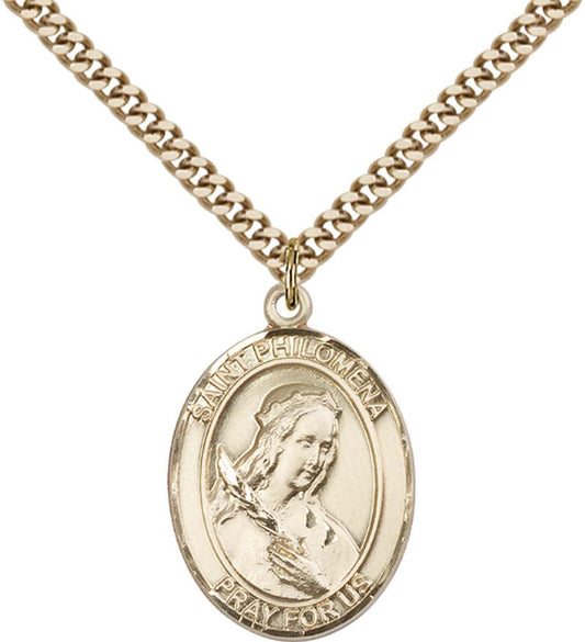 14kt Gold Filled St. Philomena Pendant with 24 inch Gold Plate Heavy Curb Chain
