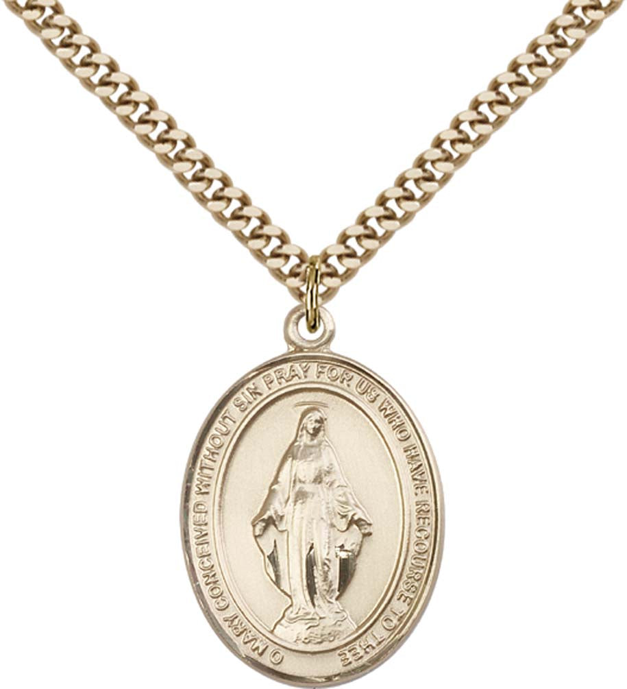 14kt Gold Filled Miraculous Pendant with 24 inch Gold Plate Heavy Curb Chain