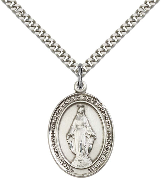 Sterling Silver Miraculous Pendant with 24 Inch Light Rhodium Heavy Curb Chain
