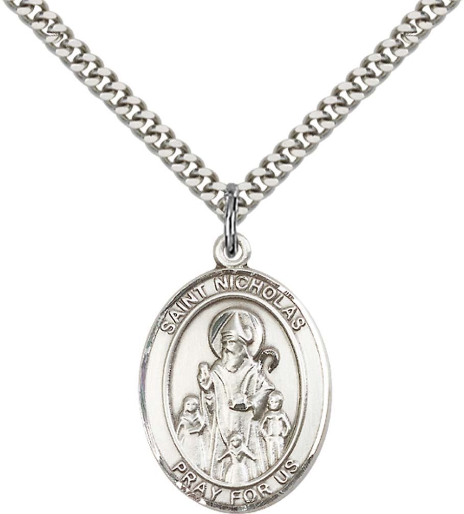 Sterling Silver St. Nicholas Pendant with 24 Inch Light Rhodium Heavy Curb Chain
