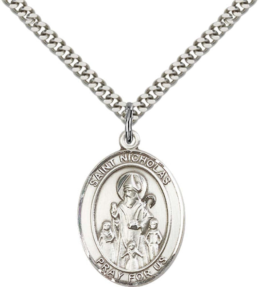 Sterling Silver St. Nicholas Pendant with 24 Inch Light Rhodium Heavy Curb Chain