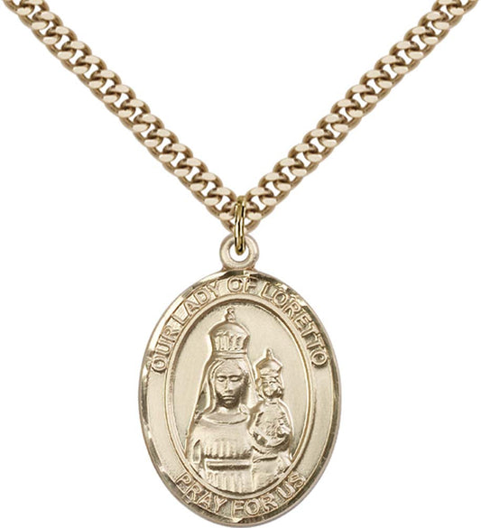 14kt Gold Filled O/L of Loretto Pendant with 24 inch Gold Plate Heavy Curb Chain