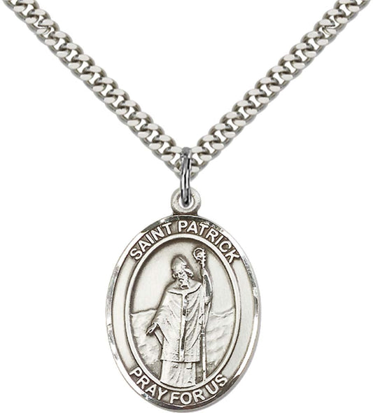 Sterling Silver St. Patrick Pendant with 24 Inch Light Rhodium Heavy Curb Chain