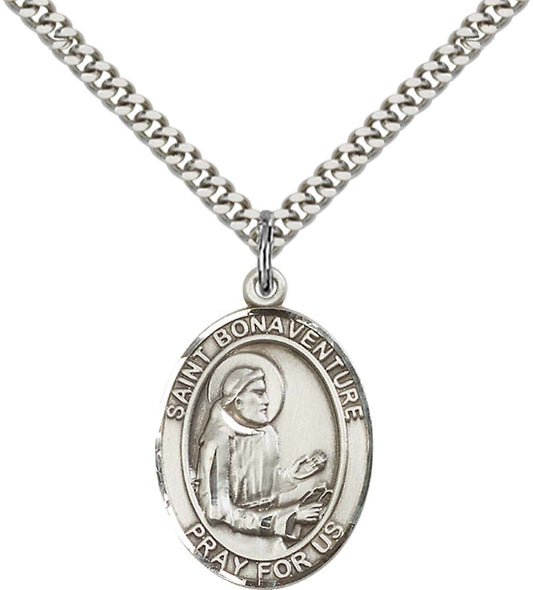 Sterling Silver St. Bonaventure Pendant with 24 Inch Light Rhodium Heavy Curb Chain