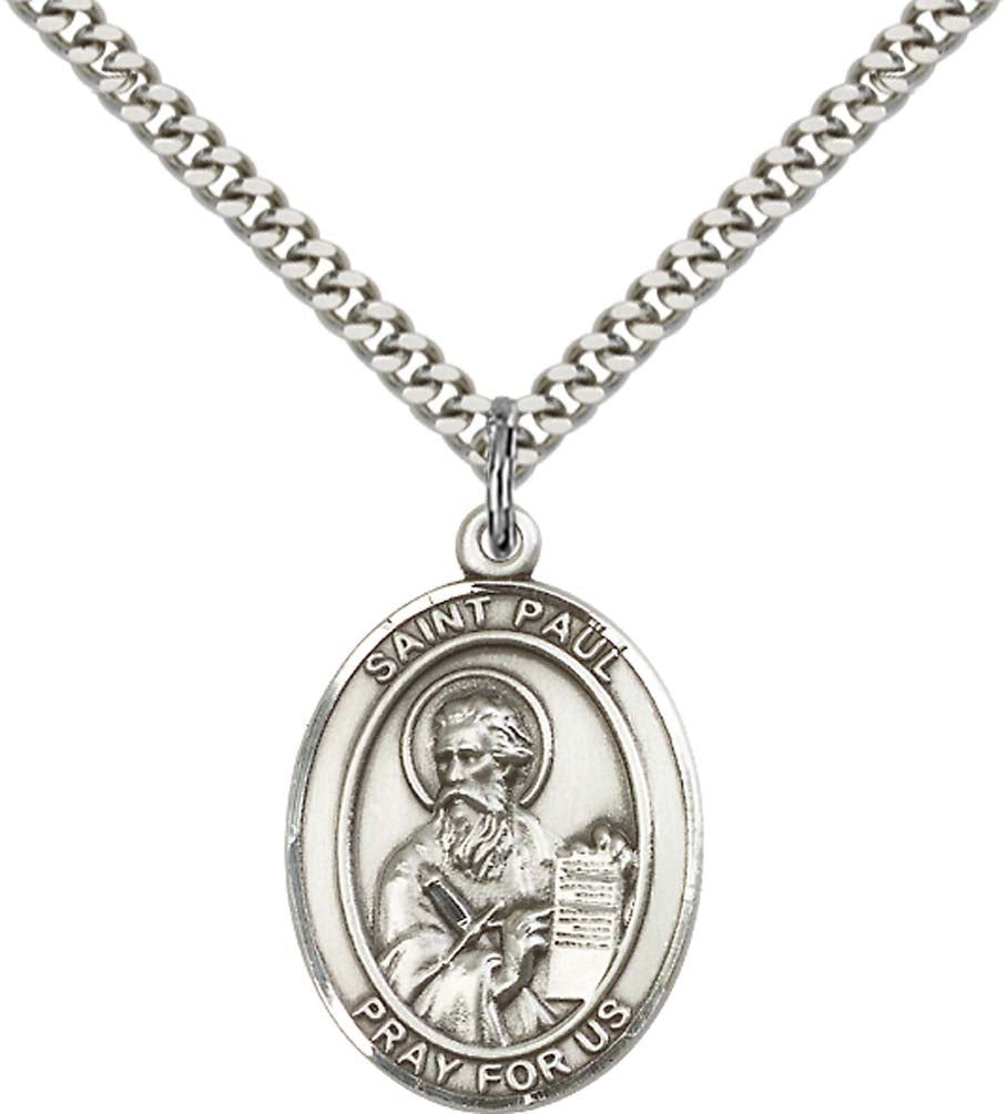 Sterling Silver St. Paul the Apostle Pendant with 24 Inch Light Rhodium Heavy Curb Chain