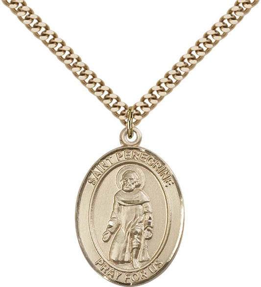 14kt Gold Filled St. Peregrine Laziosi Pendant with 24 inch Gold Plate Heavy Curb Chain