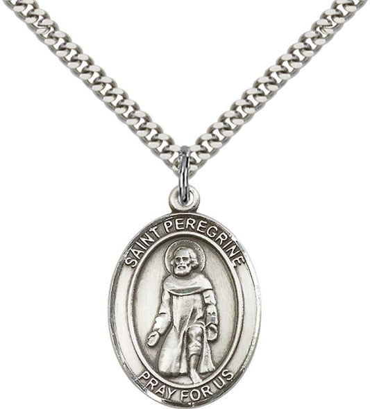 Sterling Silver St. Peregrine Laziosi Pendant with 24 Inch Light Rhodium Heavy Curb Chain