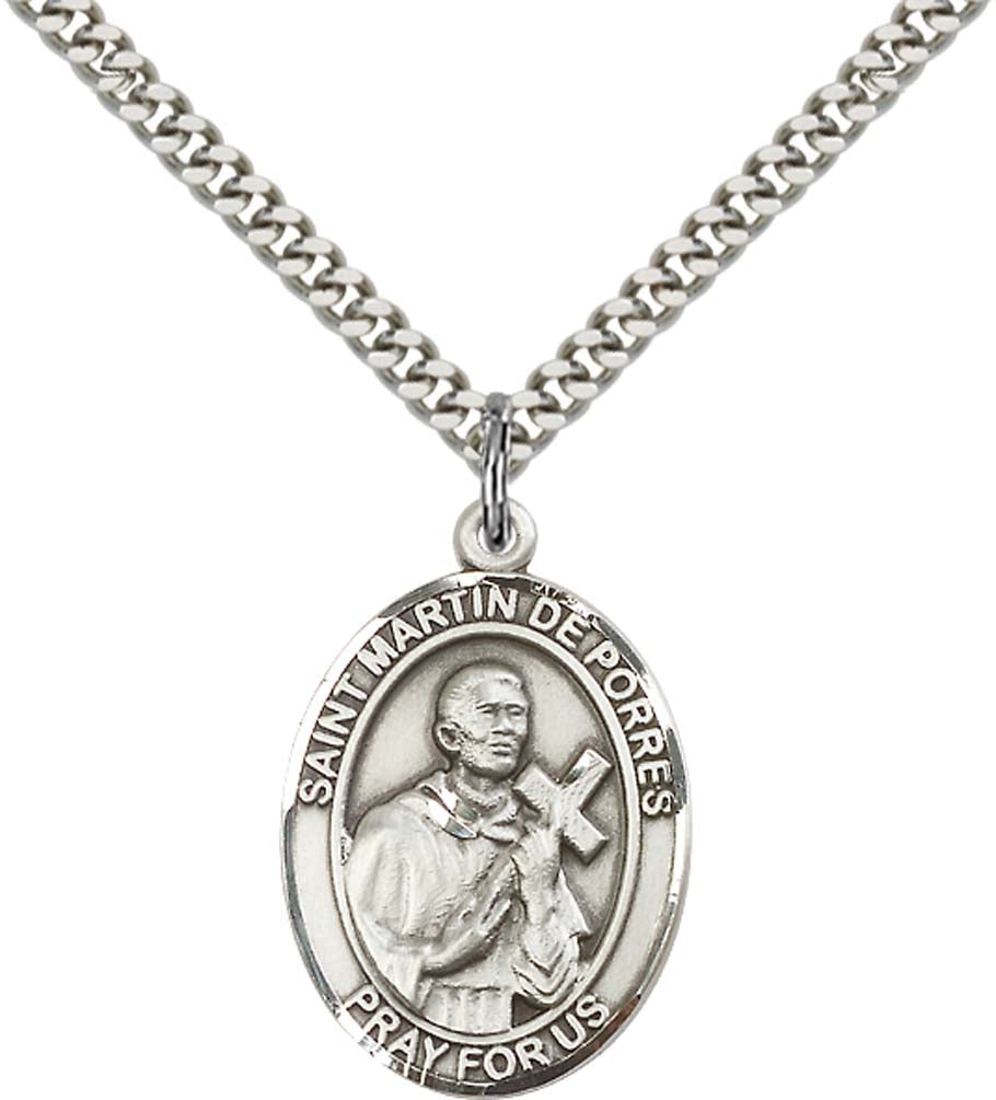 Sterling Silver St. Martin de Porres Pendant with 24 Inch Light Rhodium Heavy Curb Chain