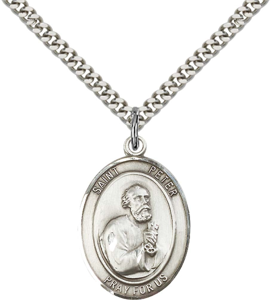 Sterling Silver St. Peter the Apostle Pendant with 24 Inch Light Rhodium Heavy Curb Chain