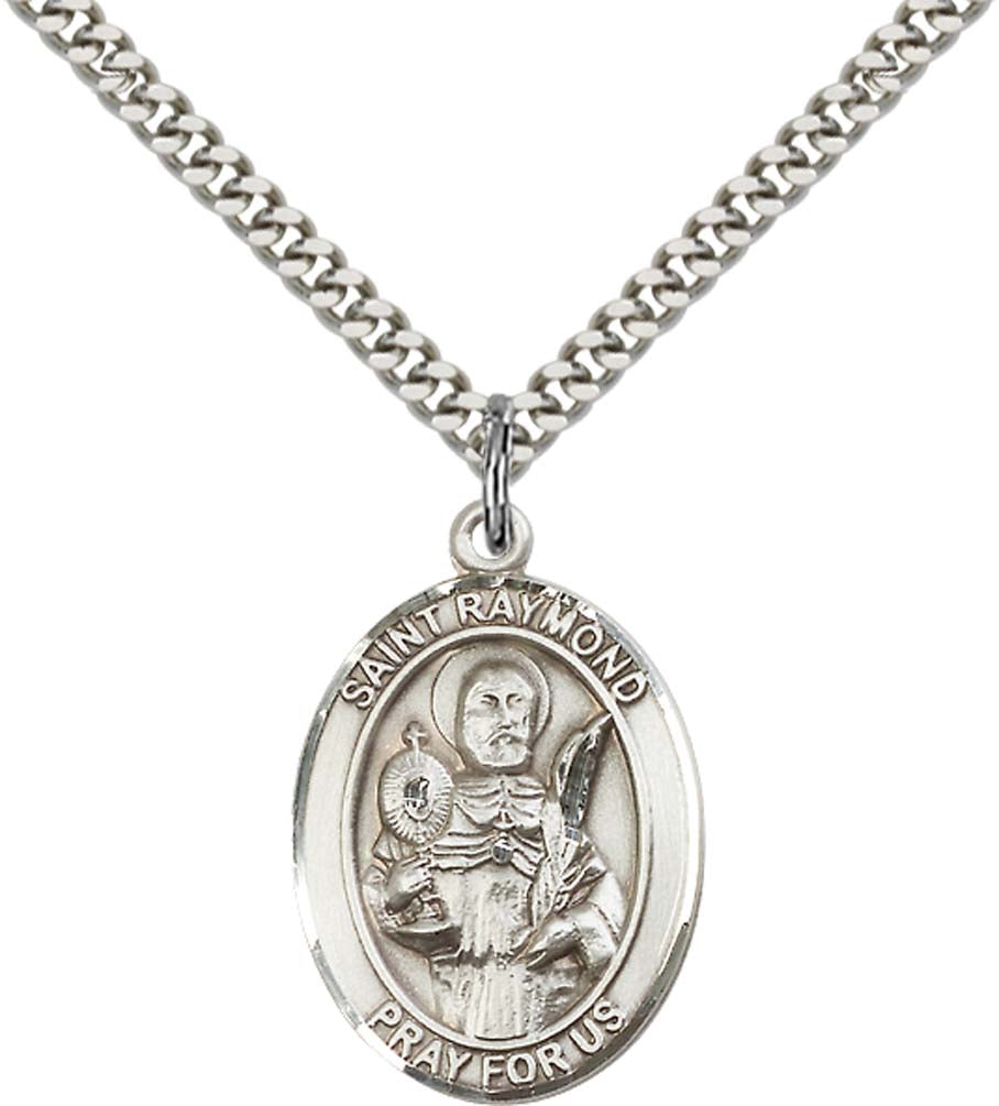 Sterling Silver St. Raymond Nonnatus Pendant with 24 Inch Light Rhodium Heavy Curb Chain