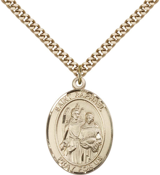 14kt Gold Filled St. Raphael the Archangel Pendant with 24 inch Gold Plate Heavy Curb Chain