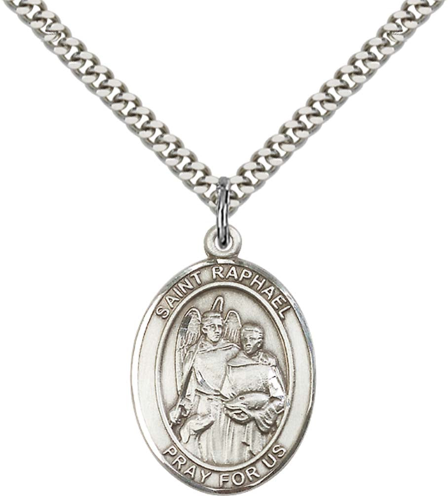 Sterling Silver St. Raphael the Archangel Pendant with 24 Inch Light Rhodium Heavy Curb Chain