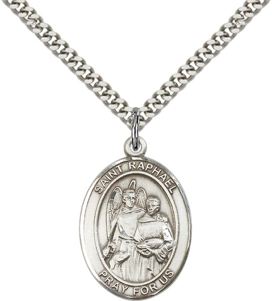 Sterling Silver St. Raphael the Archangel Pendant with 24 Inch Light Rhodium Heavy Curb Chain