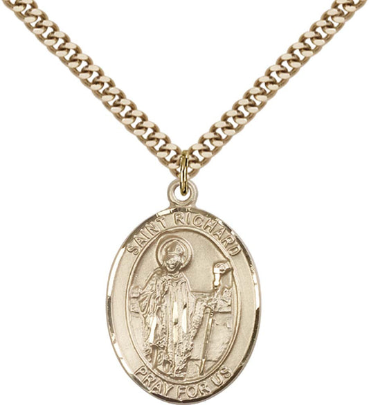14kt Gold Filled St. Richard Pendant with 24 inch Gold Plate Heavy Curb Chain