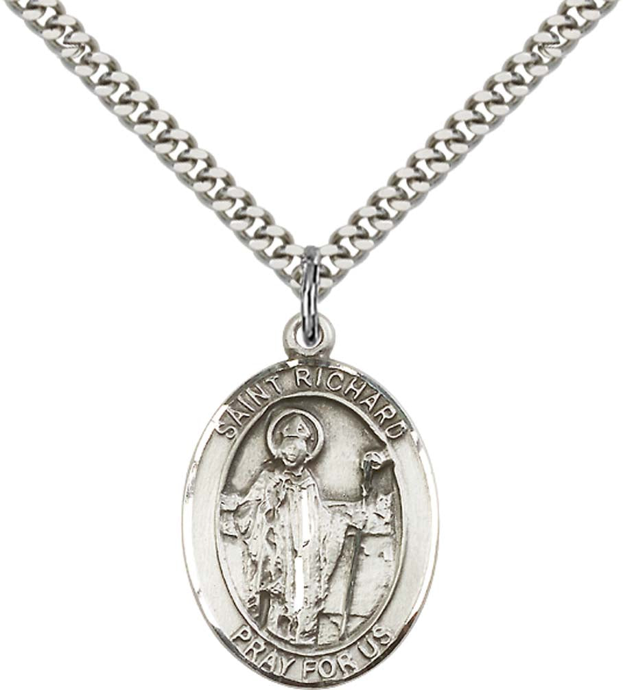 Sterling Silver St. Richard Pendant with 24 Inch Light Rhodium Heavy Curb Chain