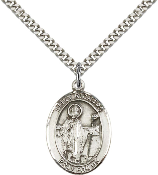 Sterling Silver St. Richard Pendant with 24 Inch Light Rhodium Heavy Curb Chain