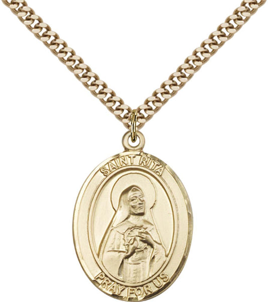 14kt Gold Filled St. Rita of Cascia Pendant with 24 inch Gold Plate Heavy Curb Chain