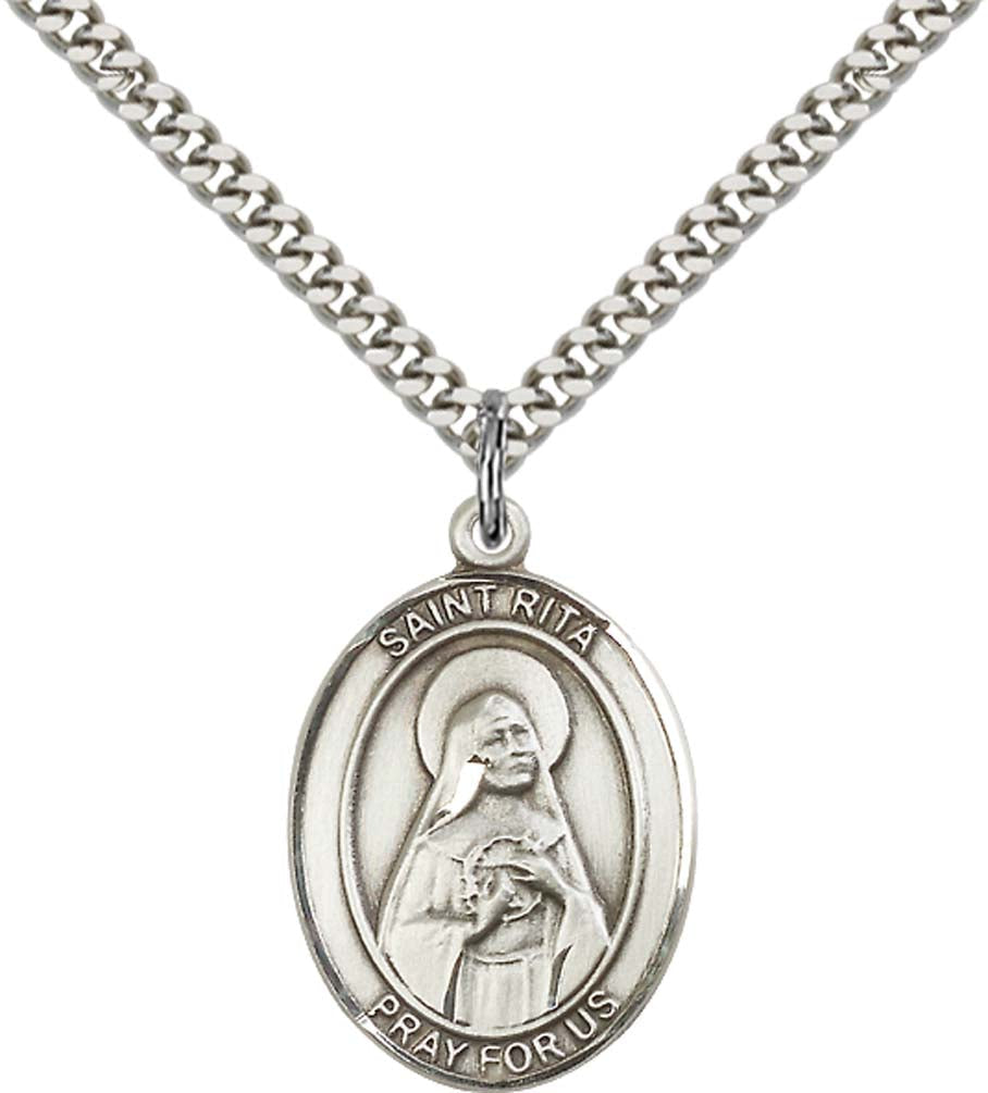 Sterling Silver St. Rita of Cascia Pendant with 24 Inch Light Rhodium Heavy Curb Chain
