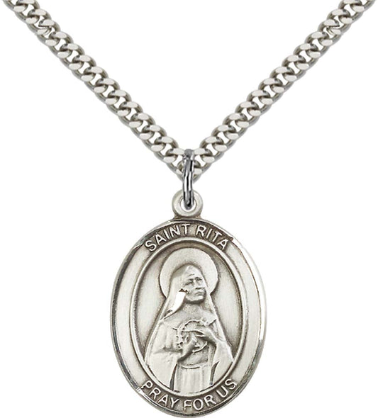Sterling Silver St. Rita of Cascia Pendant with 24 Inch Light Rhodium Heavy Curb Chain