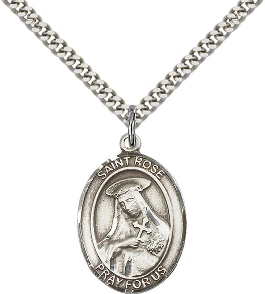 Sterling Silver St. Rose of Lima Pendant with 24 Inch Light Rhodium Heavy Curb Chain