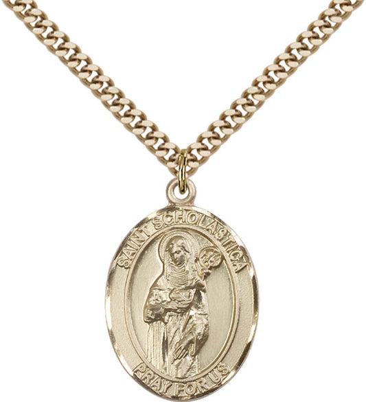 14kt Gold Filled St. Scholastica Pendant with 24 inch Gold Plate Heavy Curb Chain