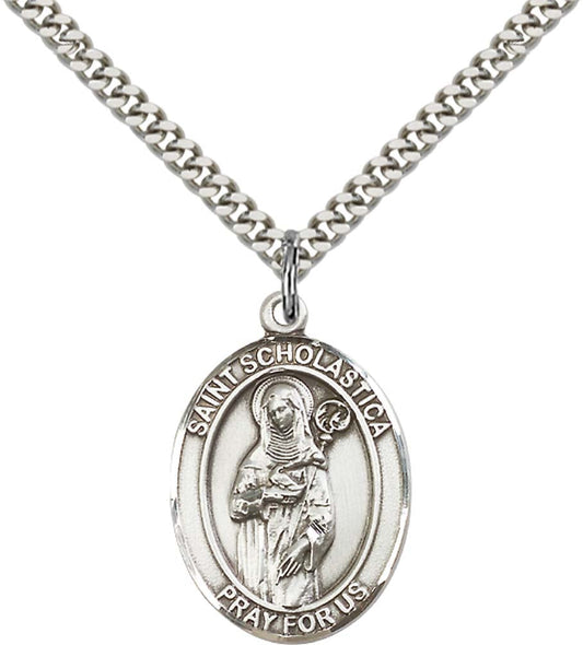 Sterling Silver St. Scholastica Pendant with 24 Inch Light Rhodium Heavy Curb Chain