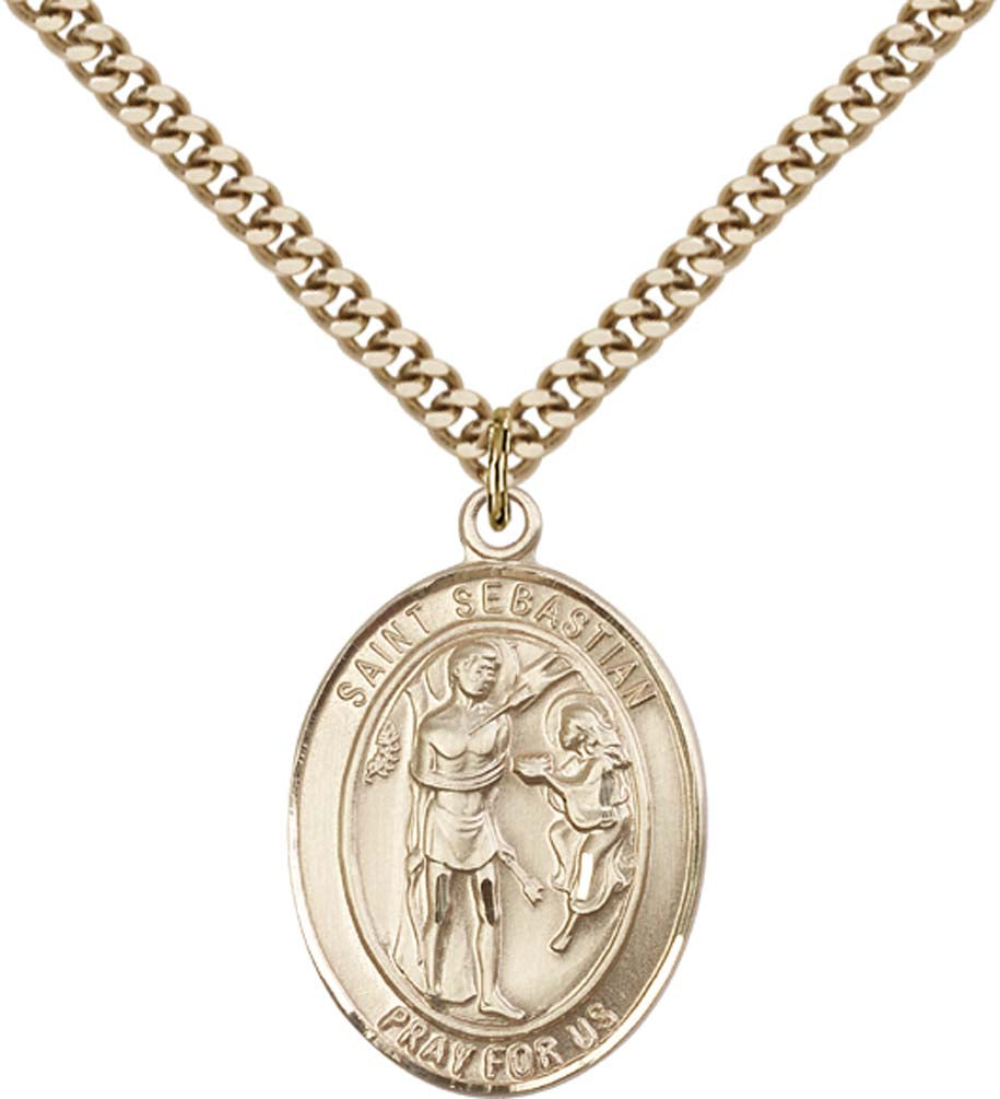 14kt Gold Filled St. Sebastian Pendant with 24 inch Gold Plate Heavy Curb Chain - Large