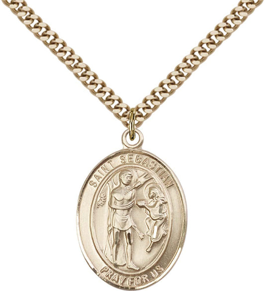 14kt Gold Filled St. Sebastian Pendant with 24 inch Gold Plate Heavy Curb Chain - Large