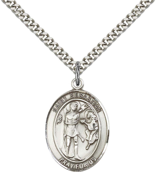 Sterling Silver St. Sebastian Pendant with 24 Inch Light Rhodium Heavy Curb Chain - Large