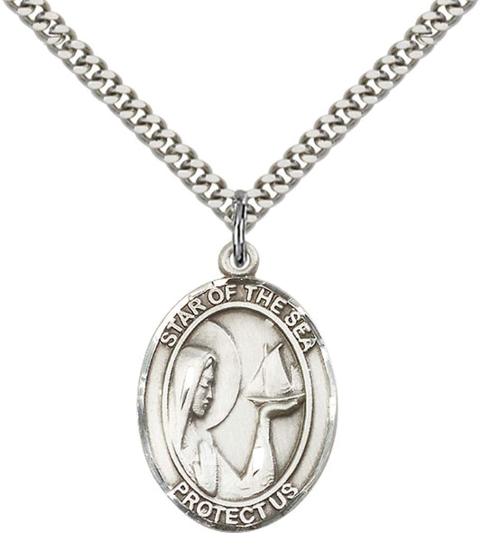 Sterling Silver O/L Star of the Sea Pendant with 24 Inch Light Rhodium Heavy Curb Chain