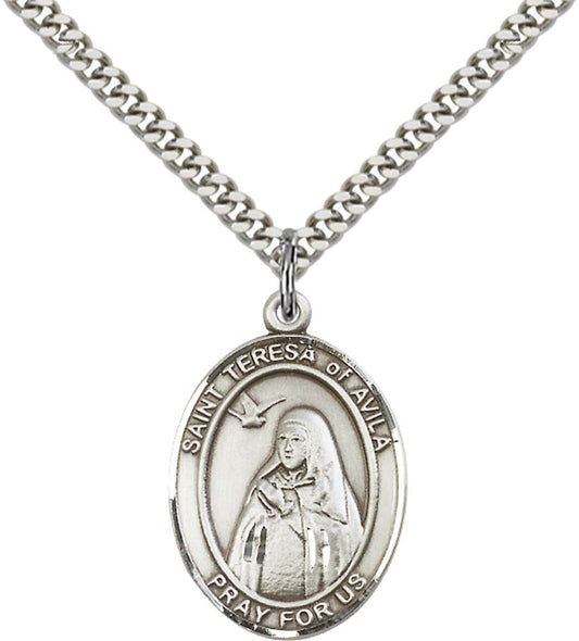 Sterling Silver St. Teresa of Avila Pendant with 24 Inch Light Rhodium Heavy Curb Chain