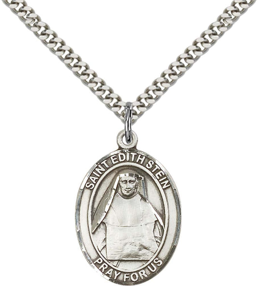 Sterling Silver St. Edith Stein Pendant with 24 Inch Light Rhodium Heavy Curb Chain