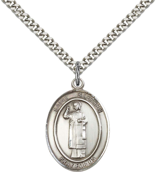 Sterling Silver St. Stephen the Martyr Pendant with 24 Inch Light Rhodium Heavy Curb Chain