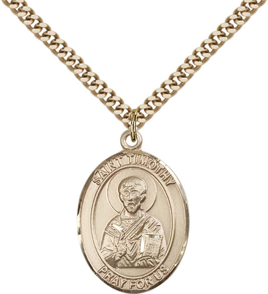 14kt Gold Filled St. Timothy Pendant with 24 inch Gold Plate Heavy Curb Chain