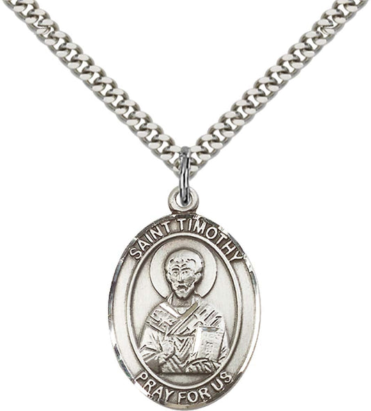 Sterling Silver St. Timothy Pendant with 24 Inch Light Rhodium Heavy Curb Chain