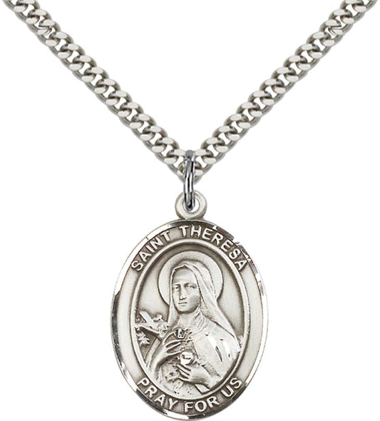 Sterling Silver St. Theresa Pendant with 24 Inch Light Rhodium Heavy Curb Chain
