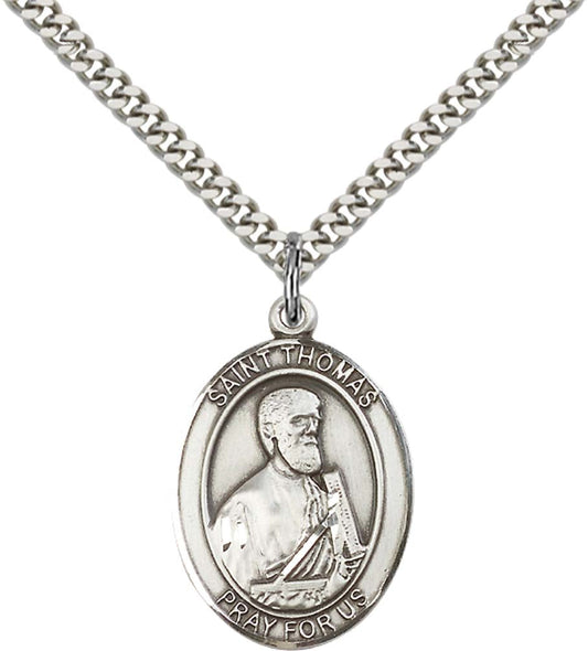 Sterling Silver St. Thomas the Apostle Pendant with 24 Inch Light Rhodium Heavy Curb Chain