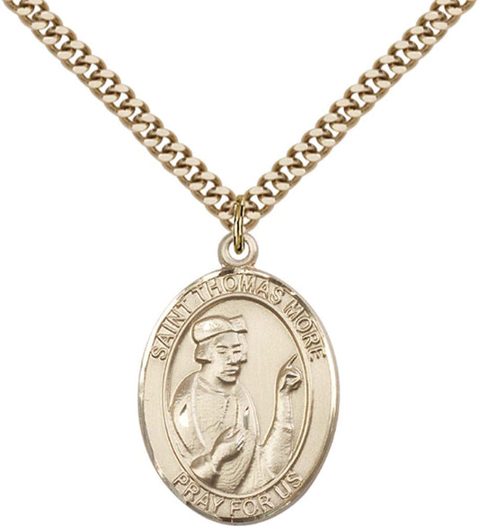 14kt Gold Filled St. Thomas More Pendant with 24 inch Gold Plate Heavy Curb Chain