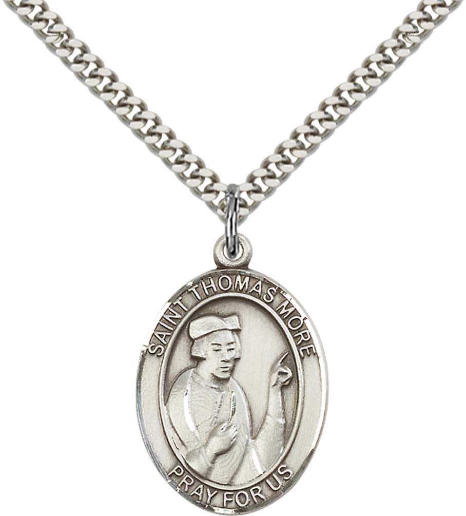 Sterling Silver St. Thomas More Pendant with 24 Inch Light Rhodium Heavy Curb Chain